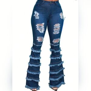 Frayed Hem Distressed Wide Leg Jeans